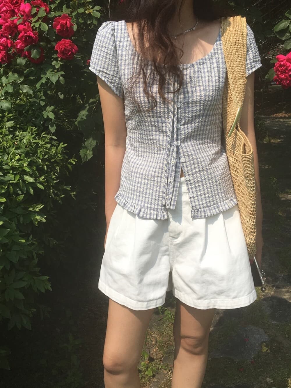 원본 한국 chic 여름 프릴 싱글 줄 버튼 반팔 격자 무늬 셔츠 상세 이미지 35