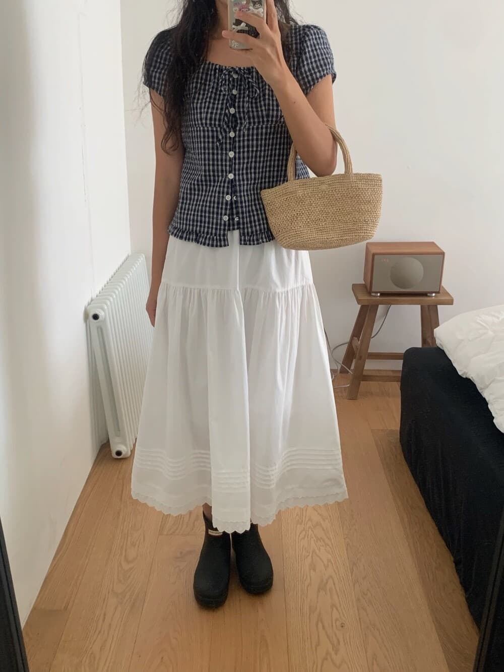 원본 한국 chic 여름 프릴 싱글 줄 버튼 반팔 격자 무늬 셔츠 상세 이미지 36