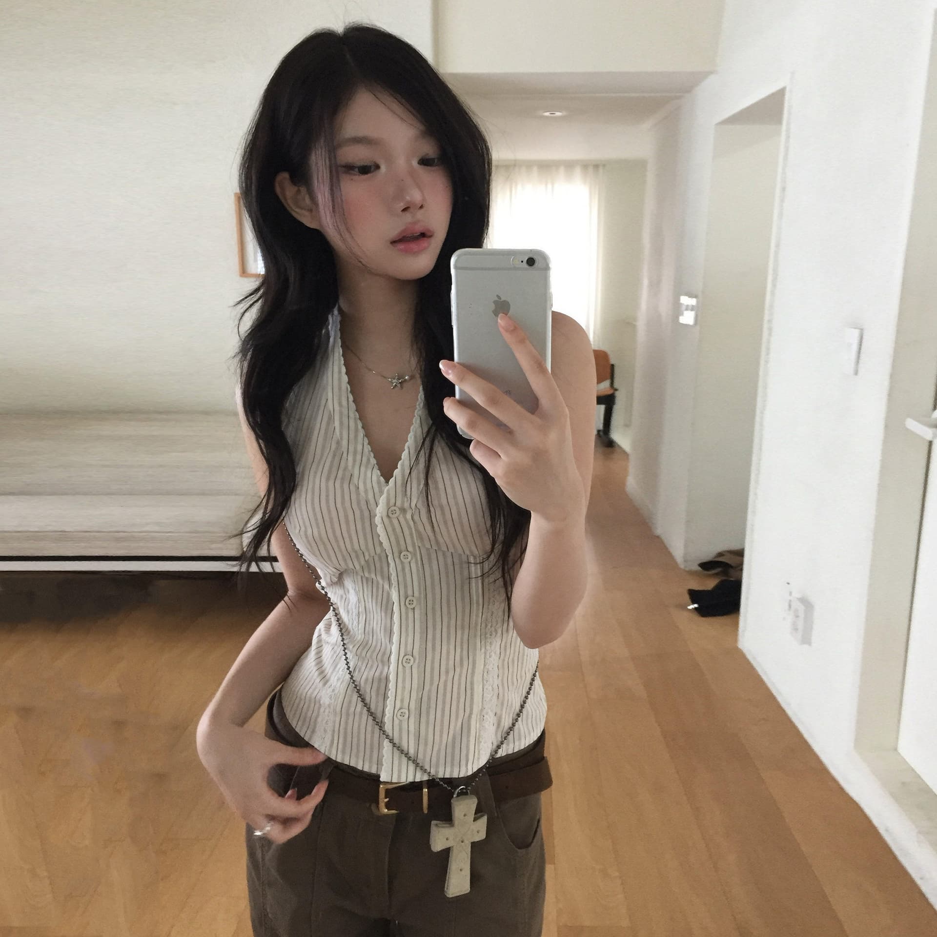있음 밖으로 chic 레이스 패치워크 스트라이프 행침 목 싱글 줄 버튼 조끼 이미지 2