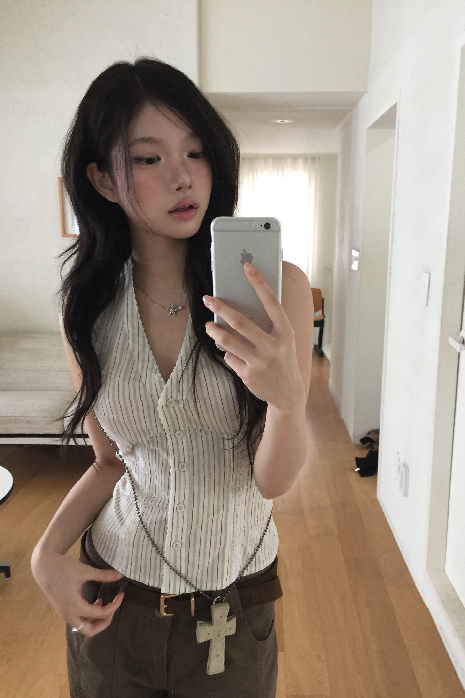 있음 밖으로 chic 레이스 패치워크 스트라이프 행침 목 싱글 줄 버튼 조끼 상세 이미지 12