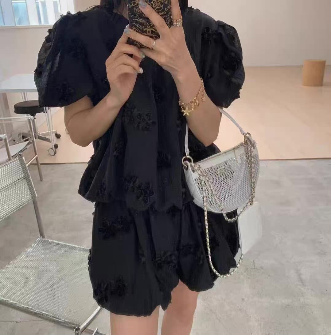 chic 다용도 작은 대중 패션 개성 거품 소매 꽃 반바지 세트 투피스 세트 이미지 2