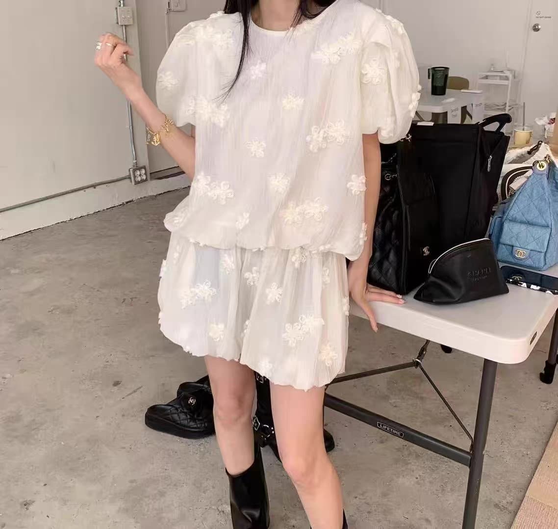 chic 다용도 작은 대중 패션 개성 거품 소매 꽃 반바지 세트 투피스 세트 상세 이미지 9