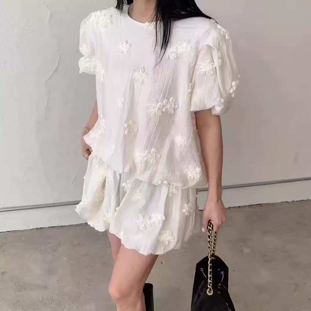 chic 다용도 작은 대중 패션 개성 거품 소매 꽃 반바지 세트 투피스 세트 상세 이미지 19