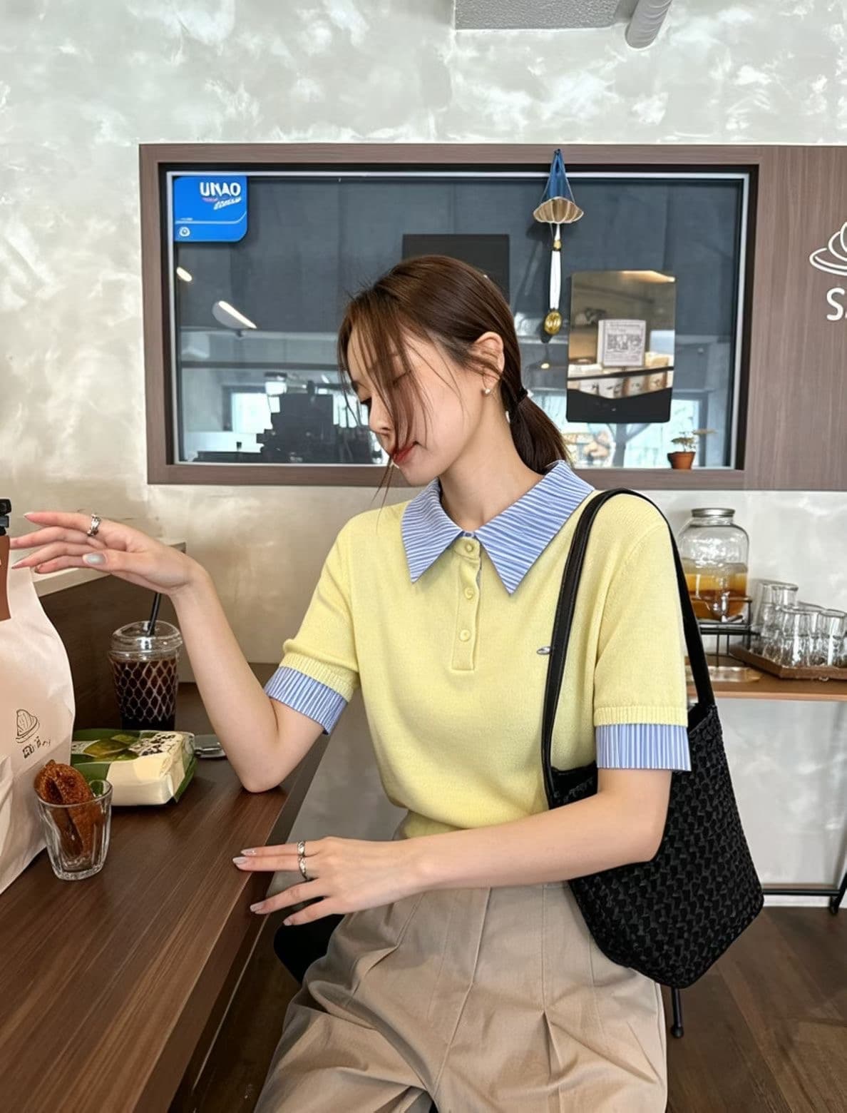 한 부서 학원 스타일 POLO 칼라 배색 긍정적 인 어깨 몸매 가꾸기 슬림해 보이는 패치워크 반팔 티셔츠 다용도 외국 가스 니트 스웨터 상세 이미지 1
