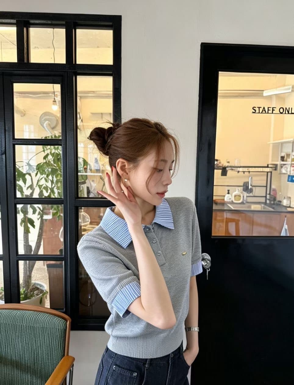 한 부서 학원 스타일 POLO 칼라 배색 긍정적 인 어깨 몸매 가꾸기 슬림해 보이는 패치워크 반팔 티셔츠 다용도 외국 가스 니트 스웨터 상세 이미지 3