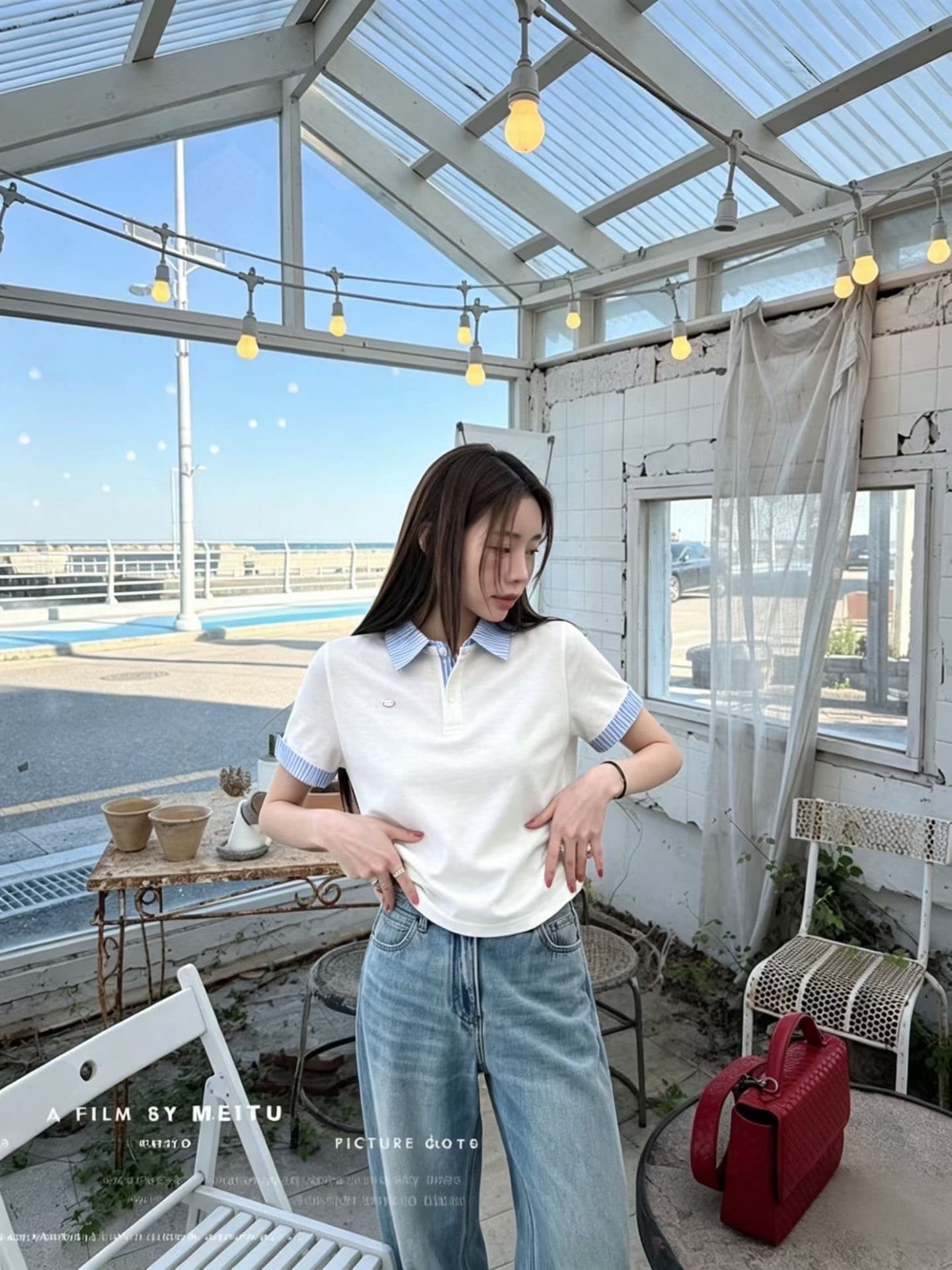 한 부서 학원 스타일 POLO 칼라 배색 긍정적 인 어깨 몸매 가꾸기 슬림해 보이는 패치워크 반팔 티셔츠 다용도 외국 가스 니트 스웨터 상세 이미지 7