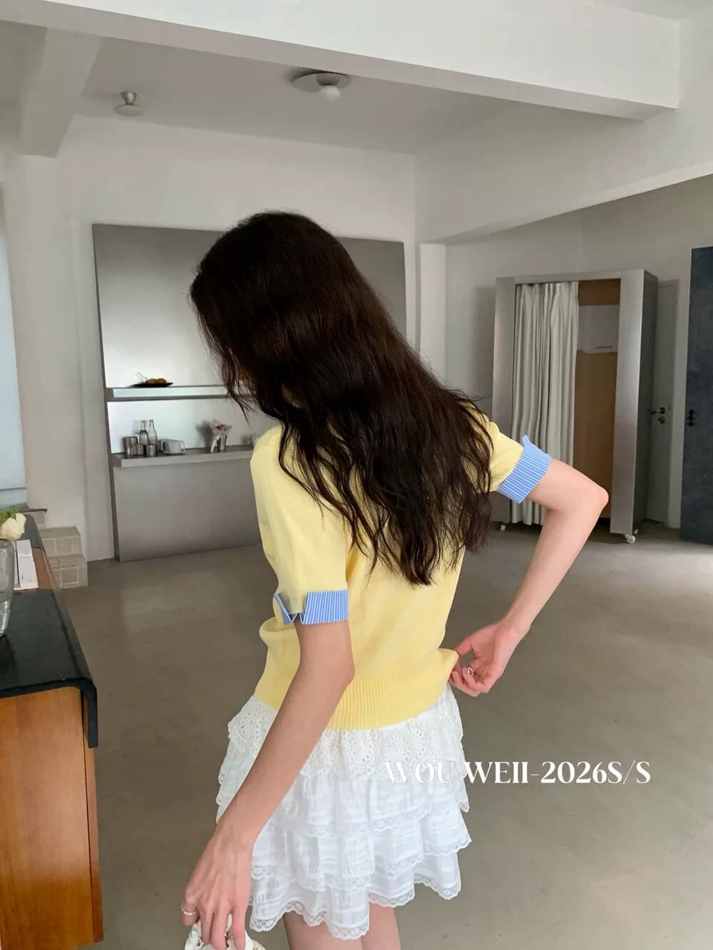 한 부서 학원 스타일 POLO 칼라 배색 긍정적 인 어깨 몸매 가꾸기 슬림해 보이는 패치워크 반팔 티셔츠 다용도 외국 가스 니트 스웨터 상세 이미지 9