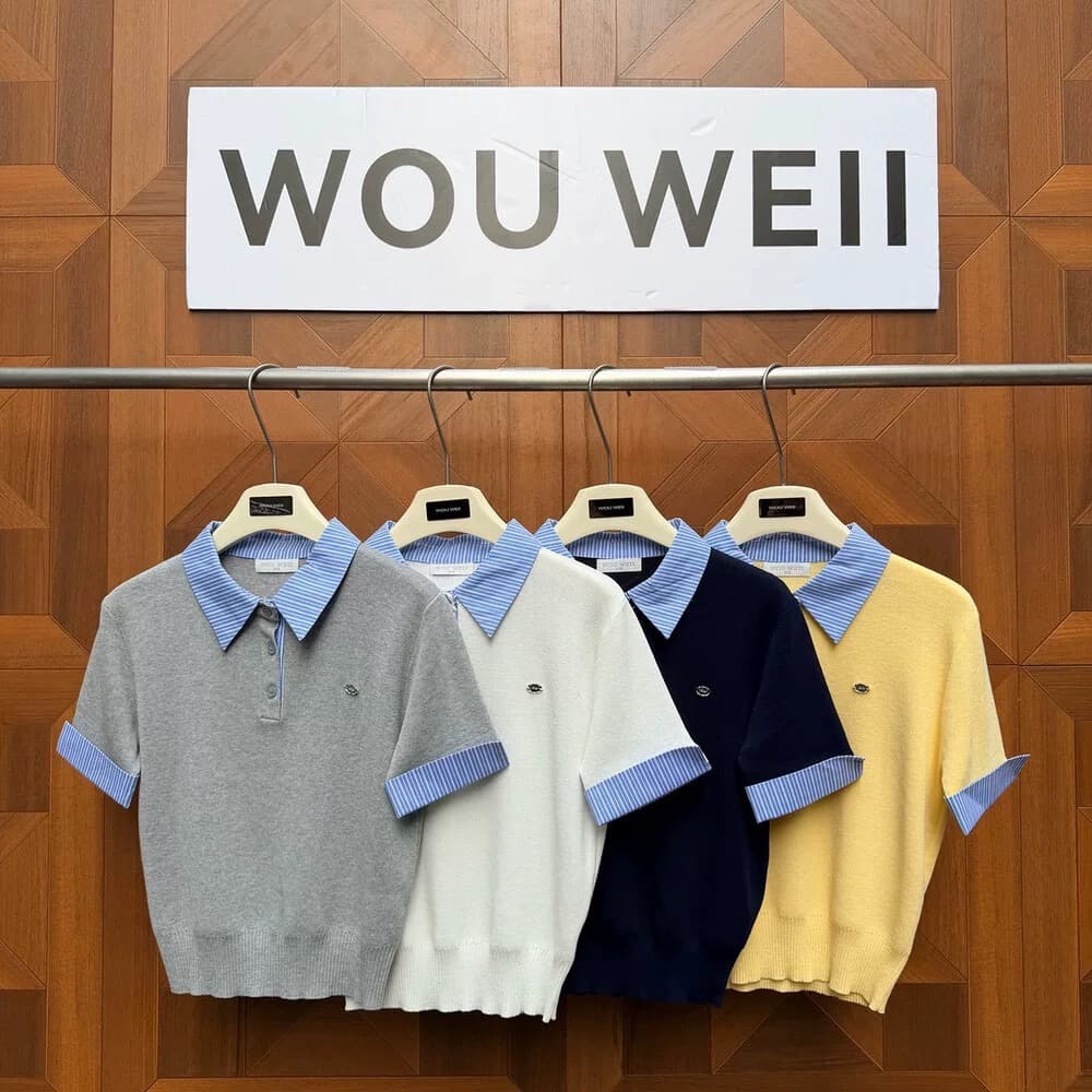 한 부서 학원 스타일 POLO 칼라 배색 긍정적 인 어깨 몸매 가꾸기 슬림해 보이는 패치워크 반팔 티셔츠 다용도 외국 가스 니트 스웨터 상세 이미지 10