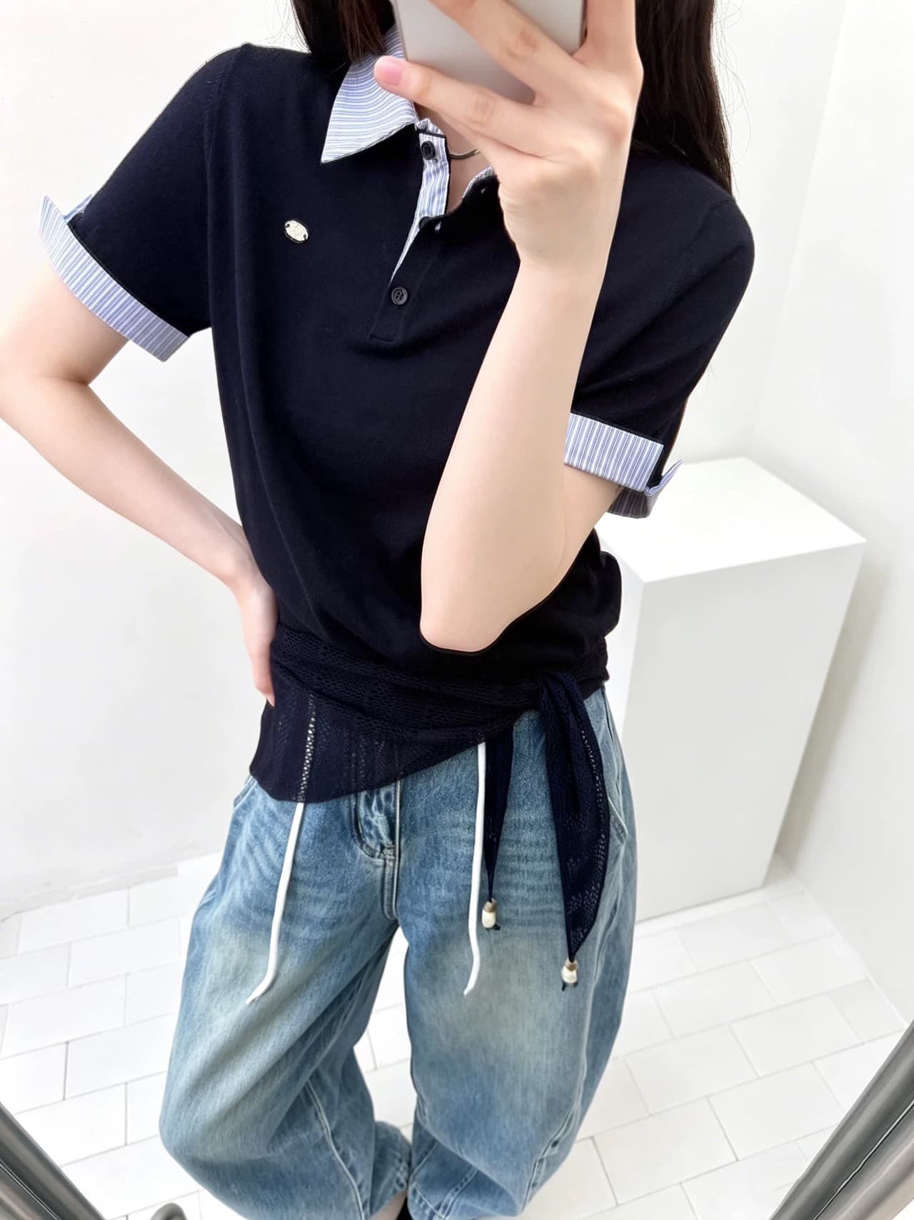 한 부서 학원 스타일 POLO 칼라 배색 긍정적 인 어깨 몸매 가꾸기 슬림해 보이는 패치워크 반팔 티셔츠 다용도 외국 가스 니트 스웨터 상세 이미지 11
