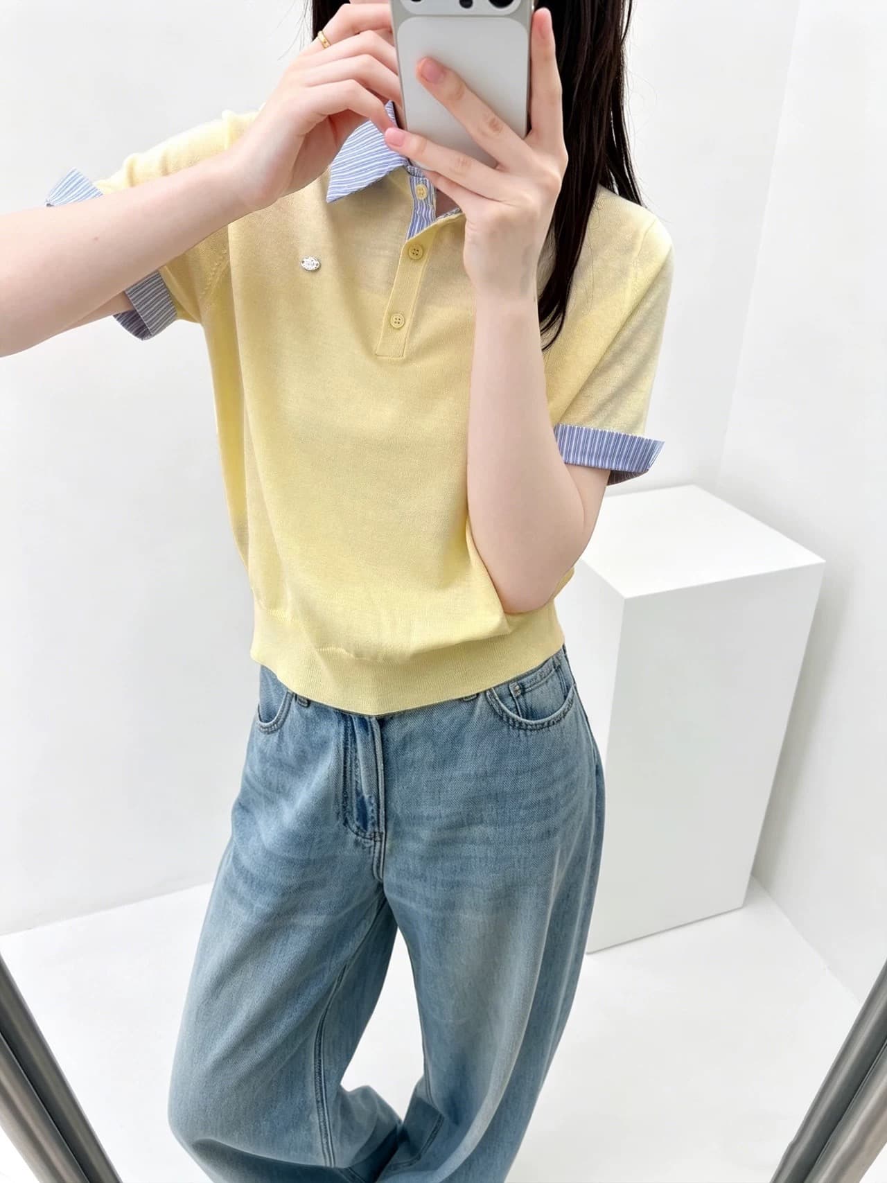 한 부서 학원 스타일 POLO 칼라 배색 긍정적 인 어깨 몸매 가꾸기 슬림해 보이는 패치워크 반팔 티셔츠 다용도 외국 가스 니트 스웨터 상세 이미지 12