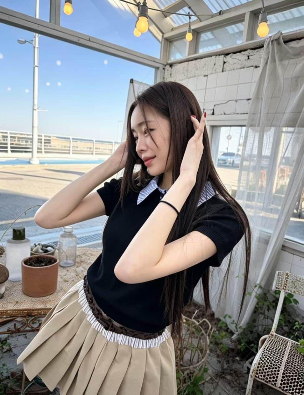 한 부서 학원 스타일 POLO 칼라 배색 긍정적 인 어깨 몸매 가꾸기 슬림해 보이는 패치워크 반팔 티셔츠 다용도 외국 가스 니트 스웨터 상세 이미지 14