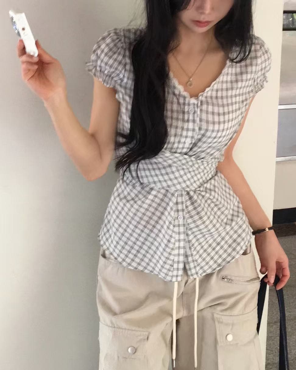재고 있음 한 부서 chic 패치워크 레이스 레이스 거품 소매 반팔 여성 셔츠 이미지 4