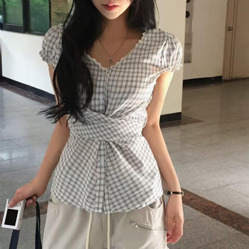 재고 있음 한 부서 chic 패치워크 레이스 레이스 거품 소매 반팔 여성 셔츠 이미지 2