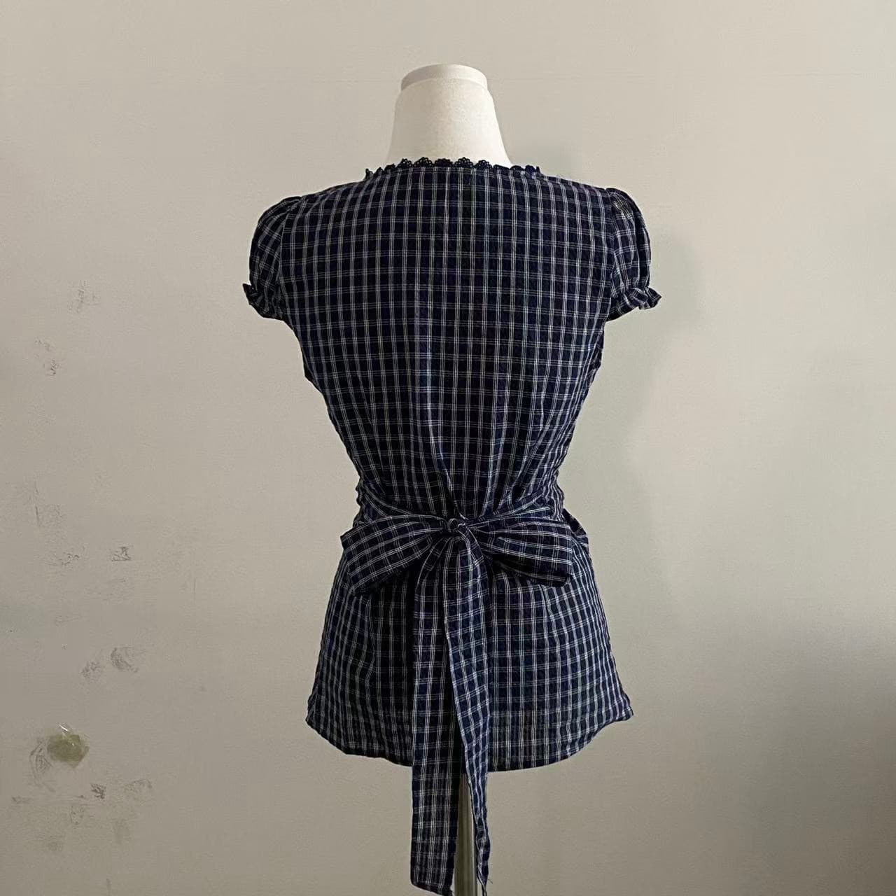 재고 있음 한 부서 chic 패치워크 레이스 레이스 거품 소매 반팔 여성 셔츠 상세 이미지 1