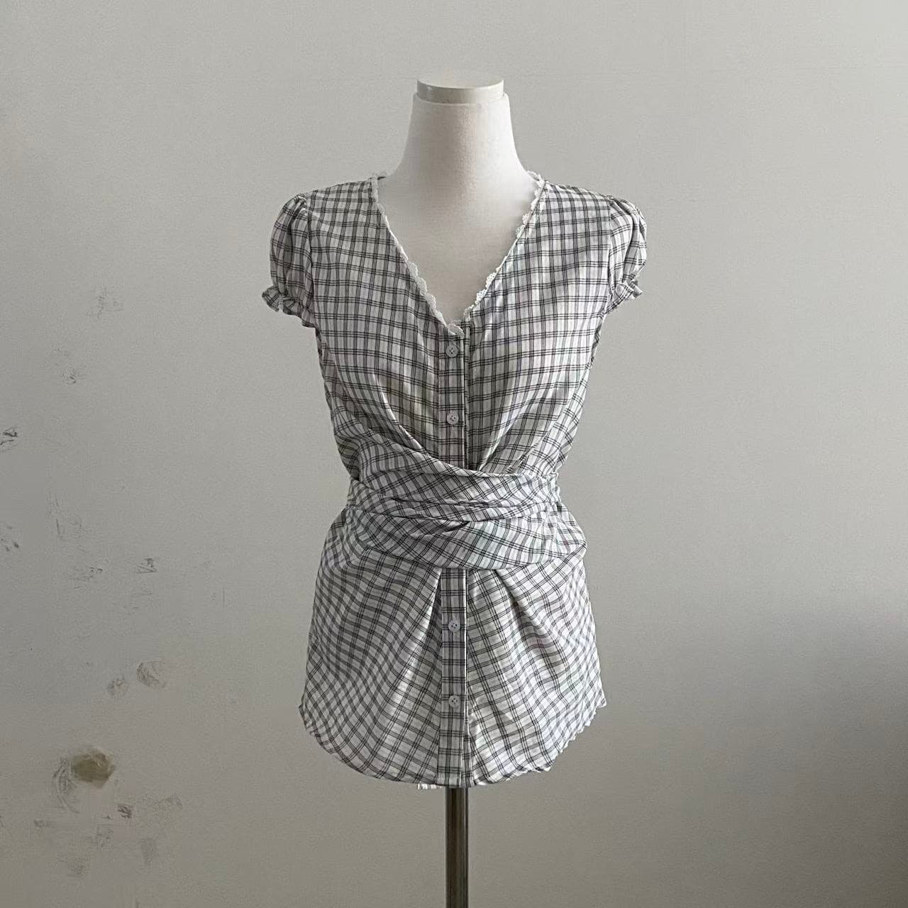 재고 있음 한 부서 chic 패치워크 레이스 레이스 거품 소매 반팔 여성 셔츠 상세 이미지 3