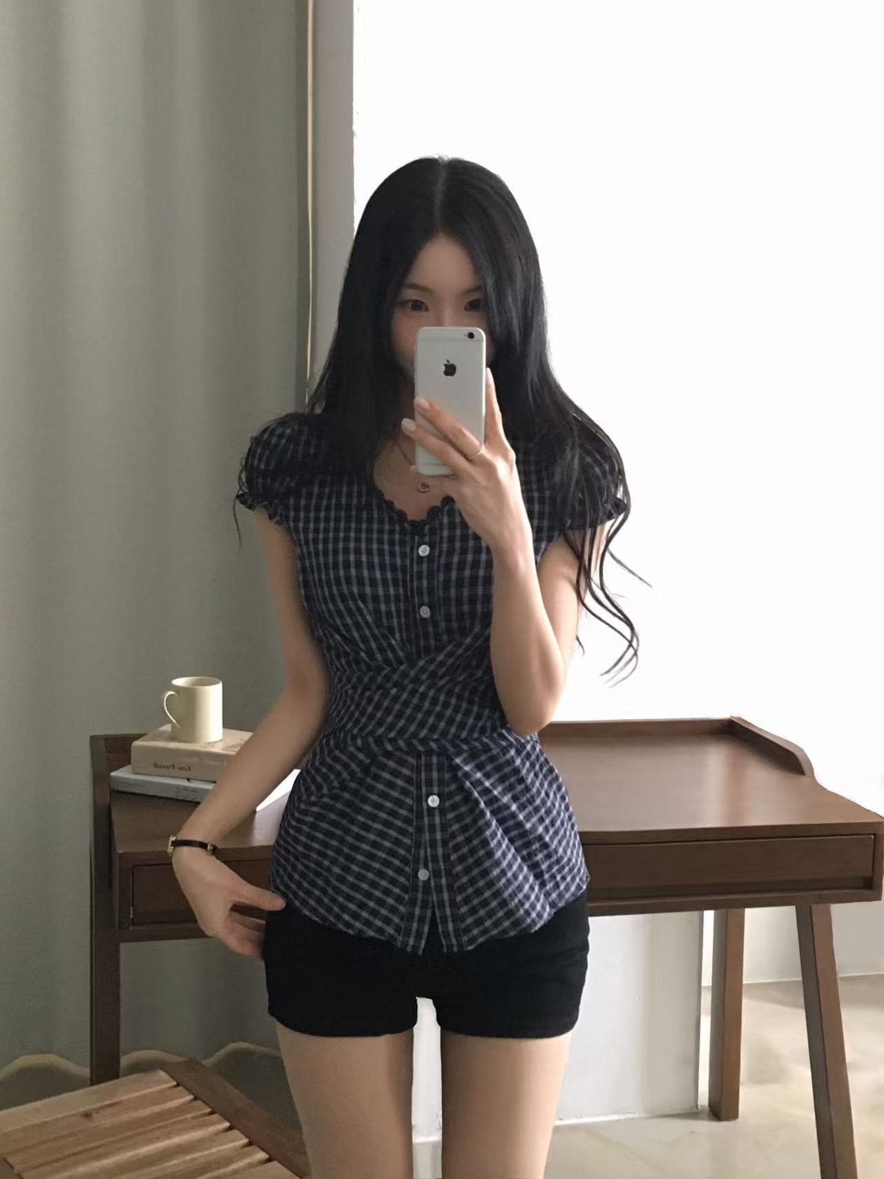 재고 있음 한 부서 chic 패치워크 레이스 레이스 거품 소매 반팔 여성 셔츠 상세 이미지 4