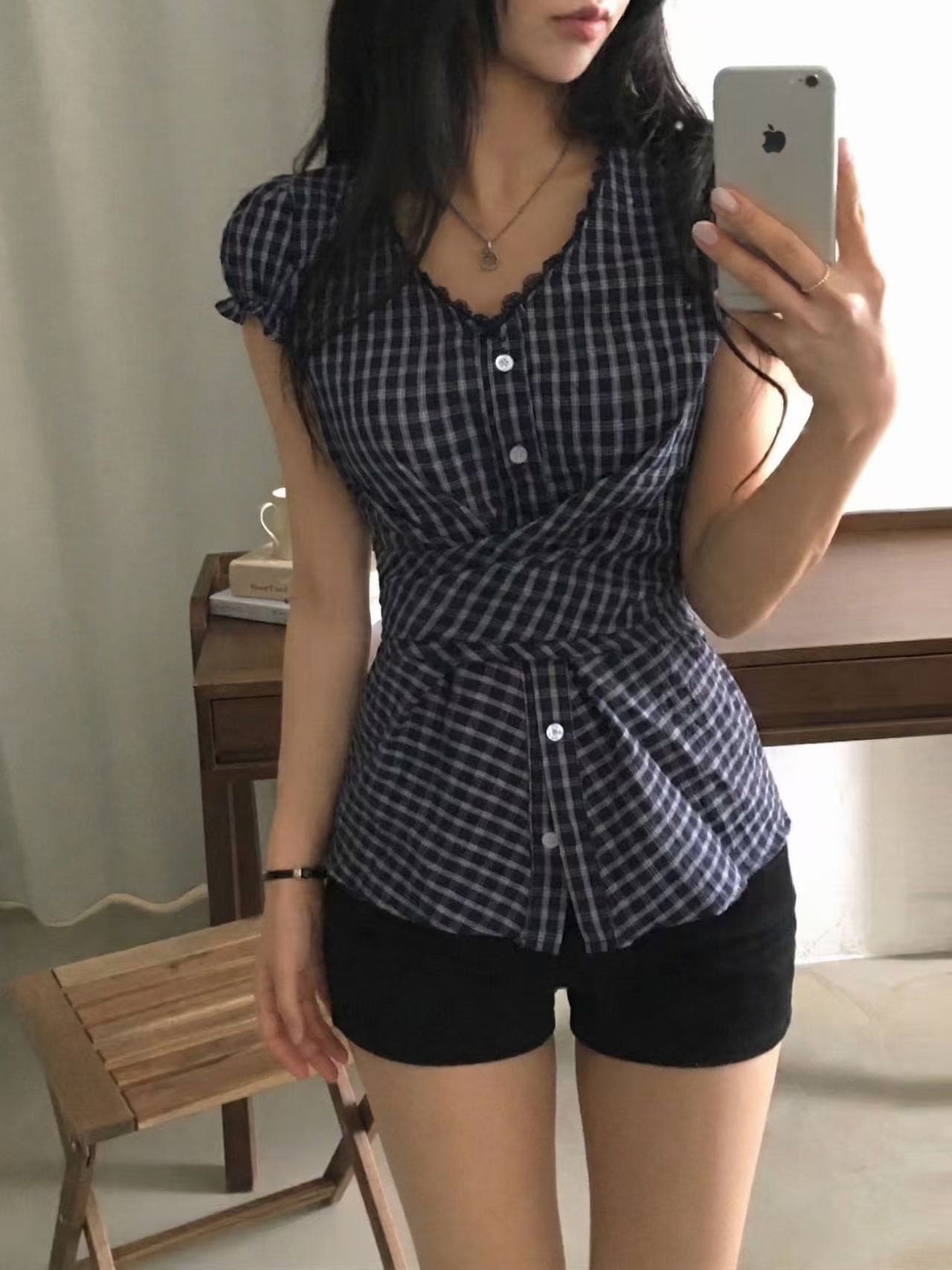 재고 있음 한 부서 chic 패치워크 레이스 레이스 거품 소매 반팔 여성 셔츠 상세 이미지 7