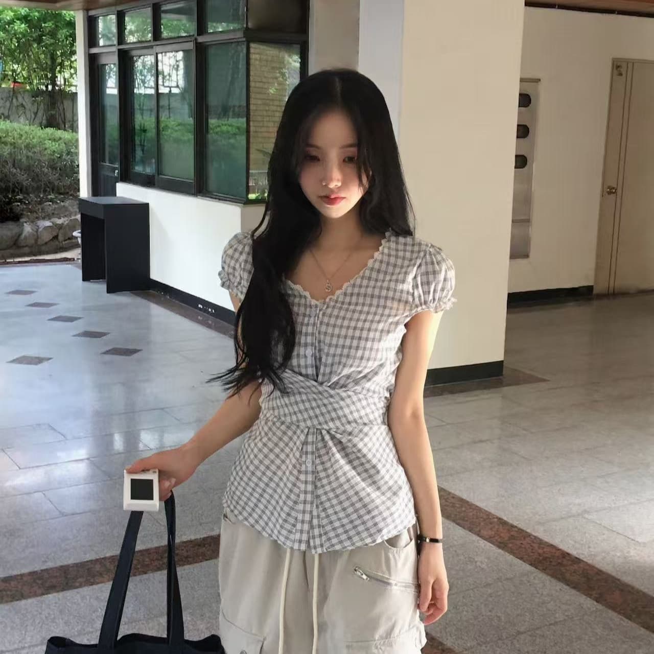 재고 있음 한 부서 chic 패치워크 레이스 레이스 거품 소매 반팔 여성 셔츠 상세 이미지 18