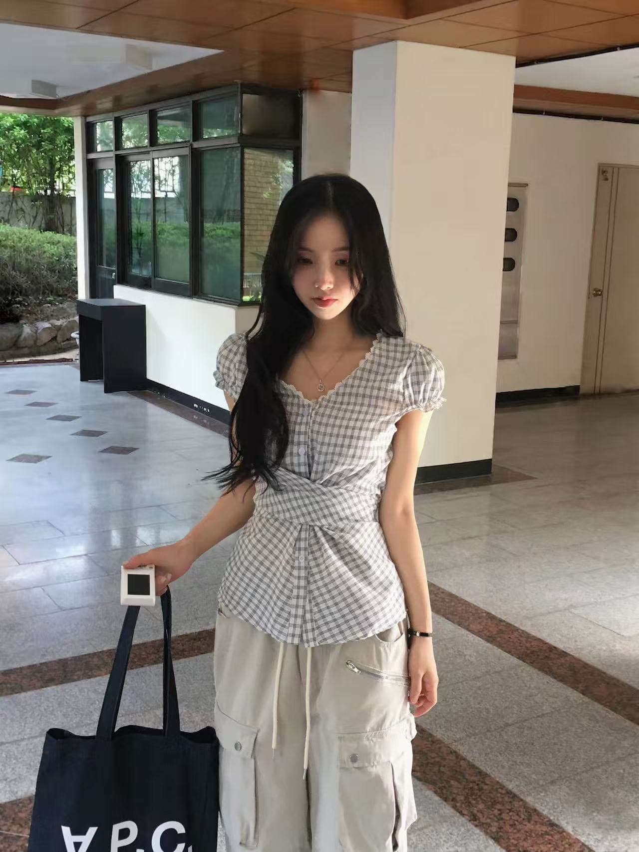 재고 있음 한 부서 chic 패치워크 레이스 레이스 거품 소매 반팔 여성 셔츠 상세 이미지 20