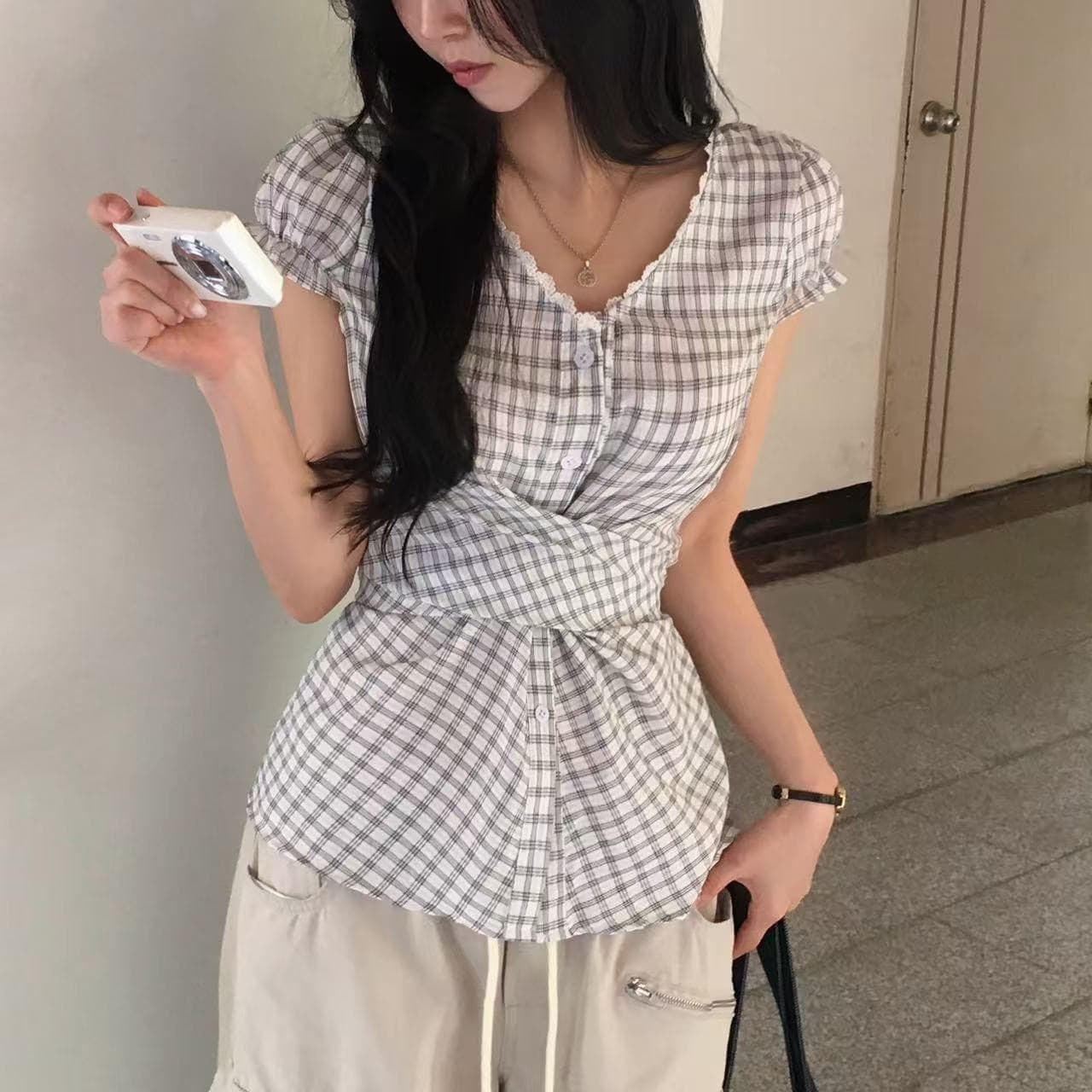 재고 있음 한 부서 chic 패치워크 레이스 레이스 거품 소매 반팔 여성 셔츠 상세 이미지 21