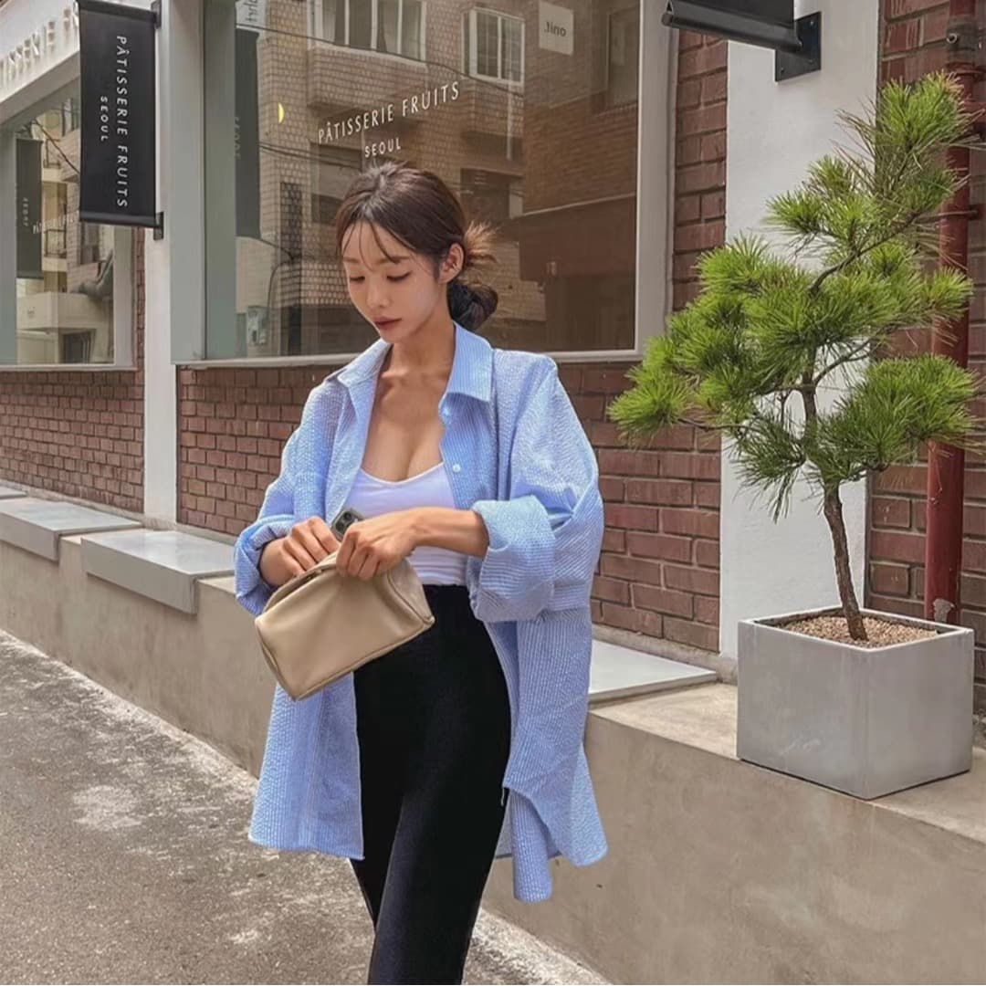 세로 줄무늬 여성 셔츠 한국 레트로 폴로 칼라 루즈핏 대 에디션 느긋한 바람 주머니 품격 다용도 태양 보호 셔츠 맨위 이미지 5