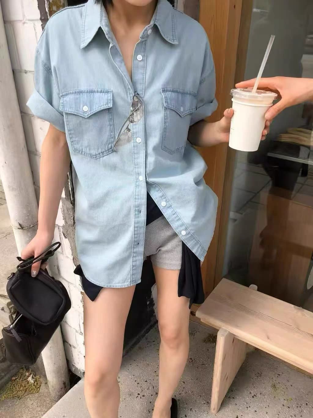 있음 창고 동대문 캐주얼 루즈핏 주머니 데님 반팔 셔츠 상세 이미지 7