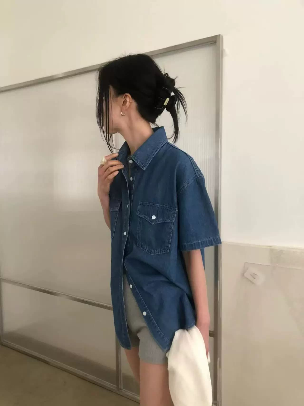 있음 창고 동대문 캐주얼 루즈핏 주머니 데님 반팔 셔츠 상세 이미지 9