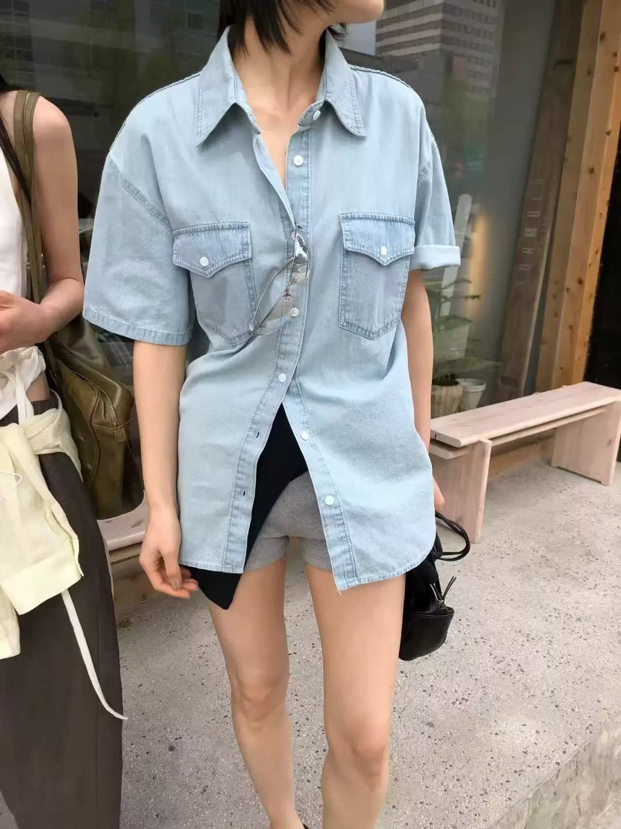 있음 창고 동대문 캐주얼 루즈핏 주머니 데님 반팔 셔츠 상세 이미지 12