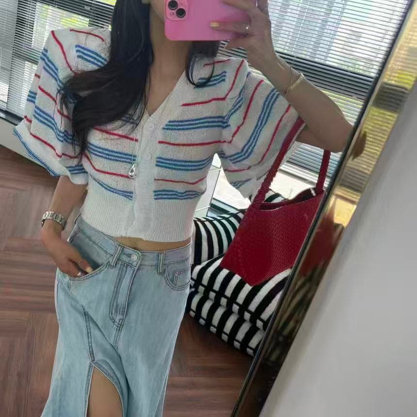 재고 있음 한국 동대문 패션 거품 소매 다용도 니트 오픈 가디건 V넥 풀오버 몸매 가꾸기 슬림해 보이는 맨위 여성 상세 이미지 15