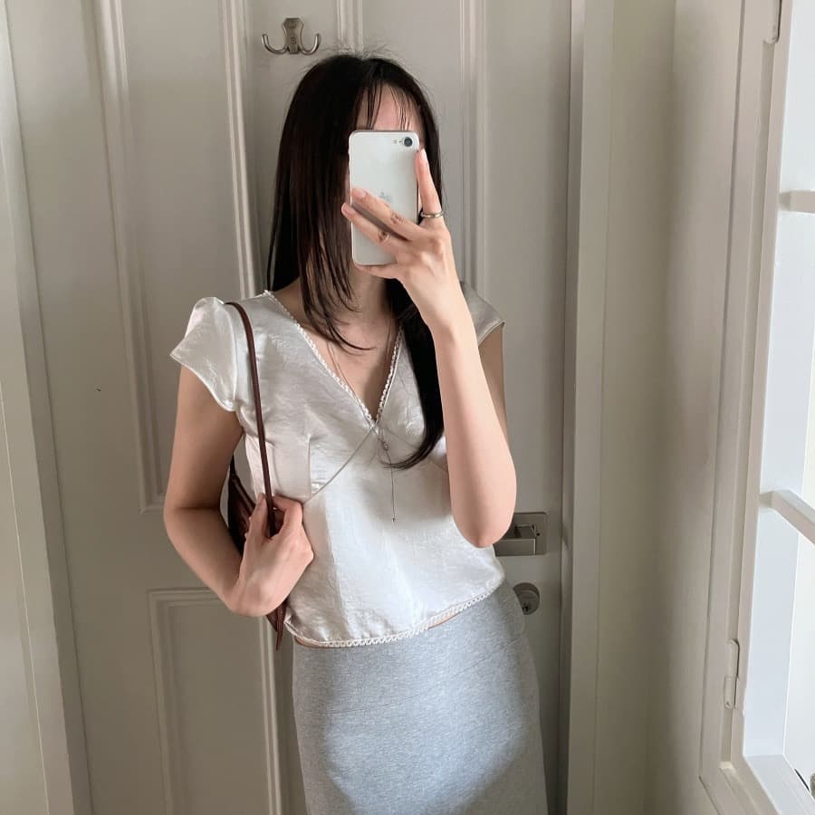 chic 한국 ins 여름 레이스 패치워크 새틴 반팔 맨위 이미지 3