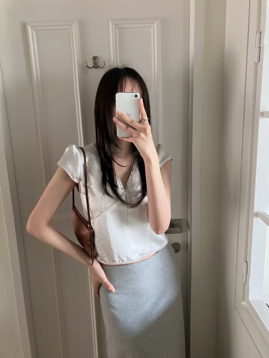 chic 한국 ins 여름 레이스 패치워크 새틴 반팔 맨위 상세 이미지 5