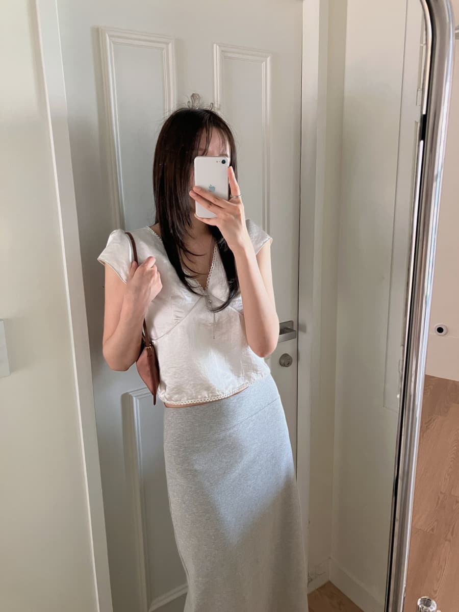 chic 한국 ins 여름 레이스 패치워크 새틴 반팔 맨위 상세 이미지 6