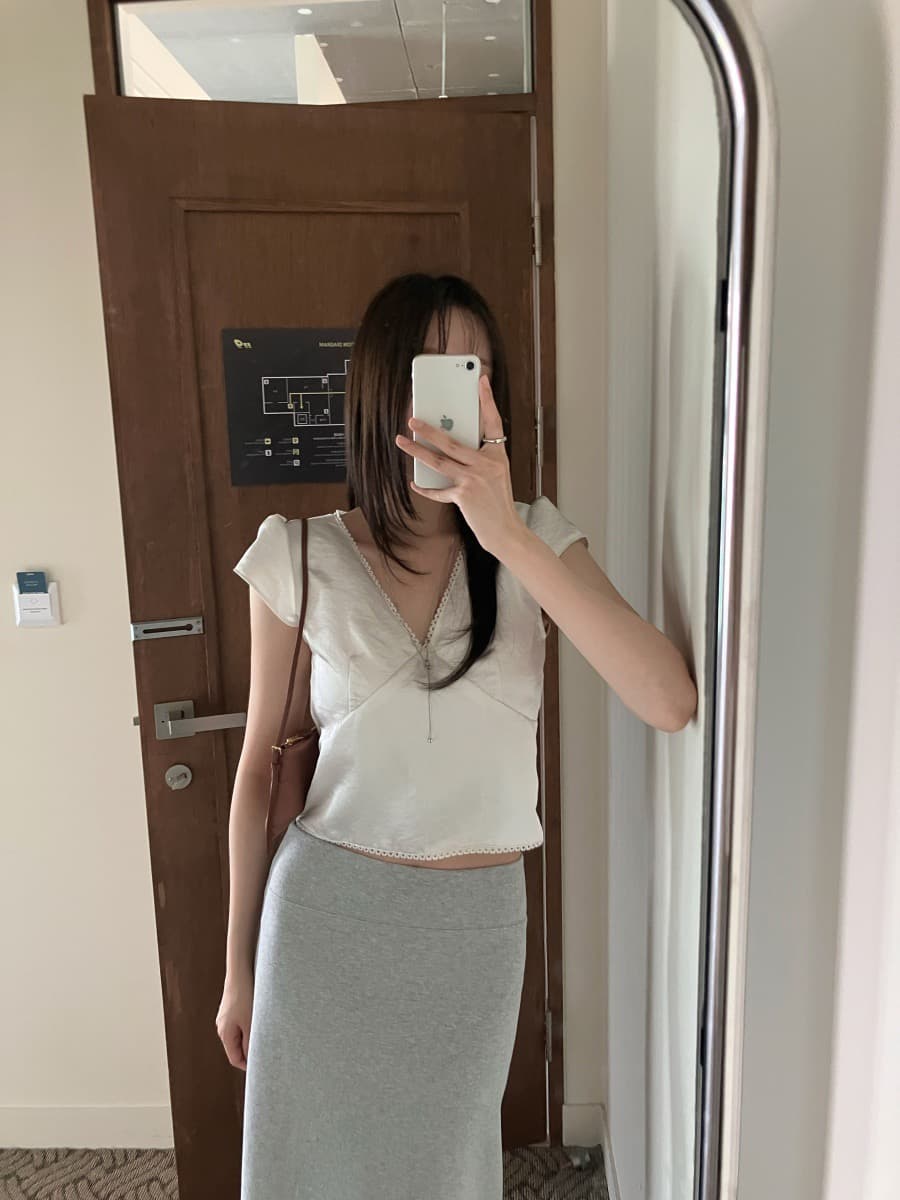 chic 한국 ins 여름 레이스 패치워크 새틴 반팔 맨위 상세 이미지 10