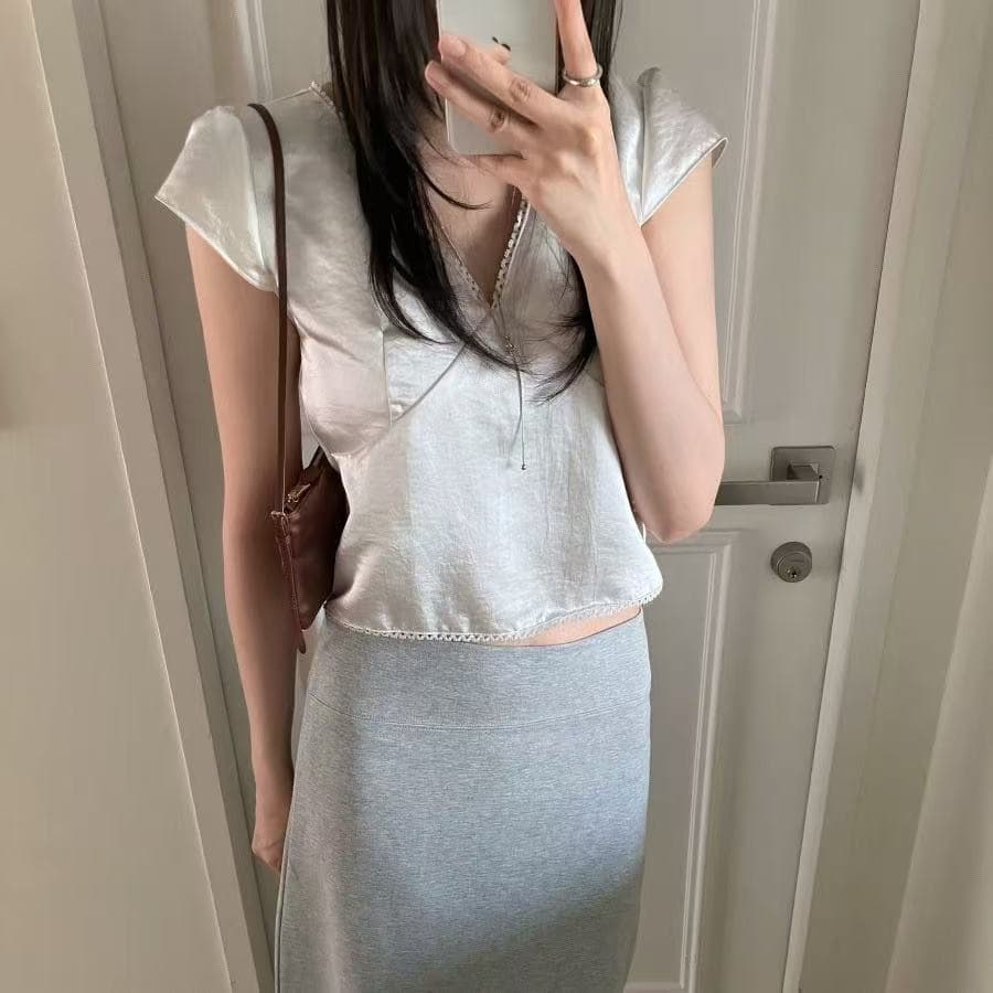 chic 한국 ins 여름 레이스 패치워크 새틴 반팔 맨위 상세 이미지 30