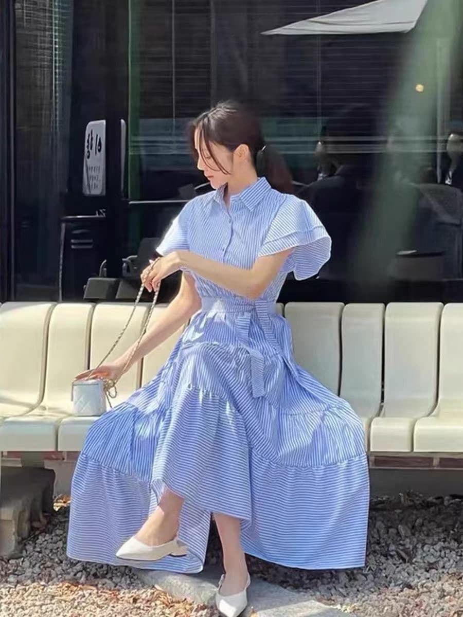 새로운 한국 스타일 스트라이프 케이크 층 드레스 상세 이미지 12