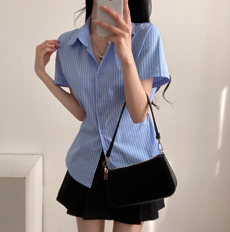재고 있음 chic Chic 디자인 센스 작은 대중 스트라이프 단추 허리 수축 셔츠 맨위 슬림해 보이는 셔츠 상세 이미지 8