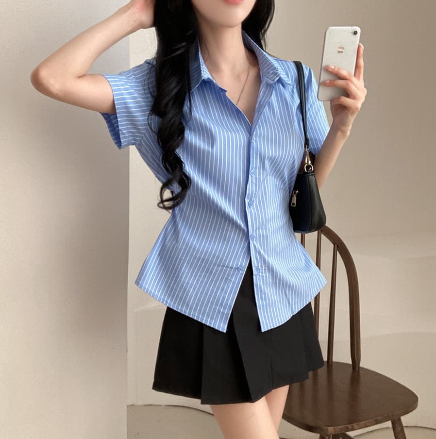 재고 있음 chic Chic 디자인 센스 작은 대중 스트라이프 단추 허리 수축 셔츠 맨위 슬림해 보이는 셔츠 상세 이미지 13