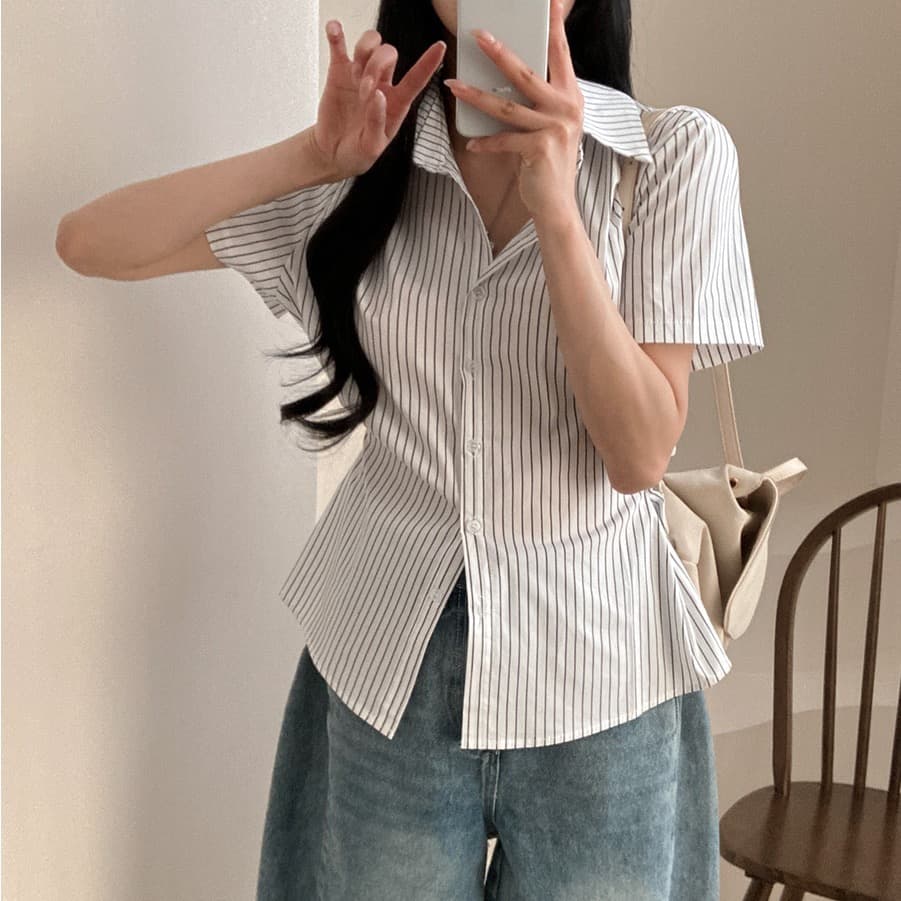 재고 있음 chic Chic 디자인 센스 작은 대중 스트라이프 단추 허리 수축 셔츠 맨위 슬림해 보이는 셔츠 상세 이미지 24
