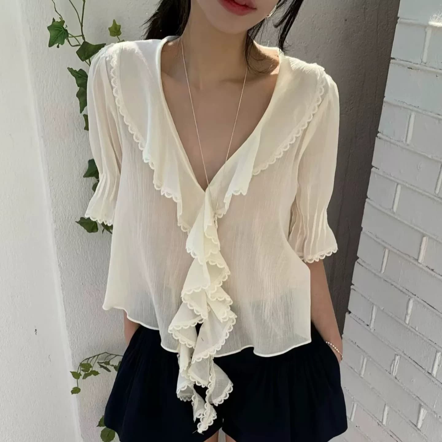 있음 창고 봄 여름 섹션 부드러운 다용도 폴로 칼라 프릴 셔츠 이미지 5