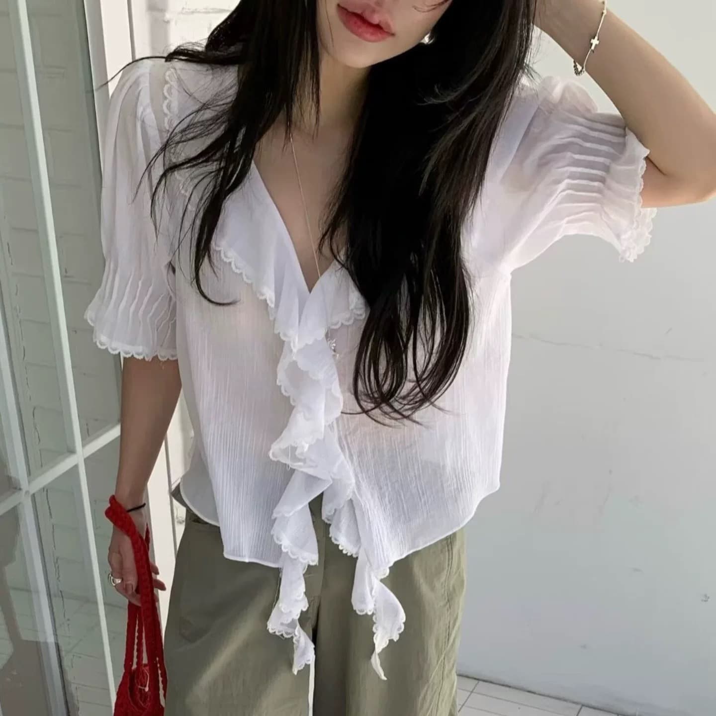 있음 창고 봄 여름 섹션 부드러운 다용도 폴로 칼라 프릴 셔츠