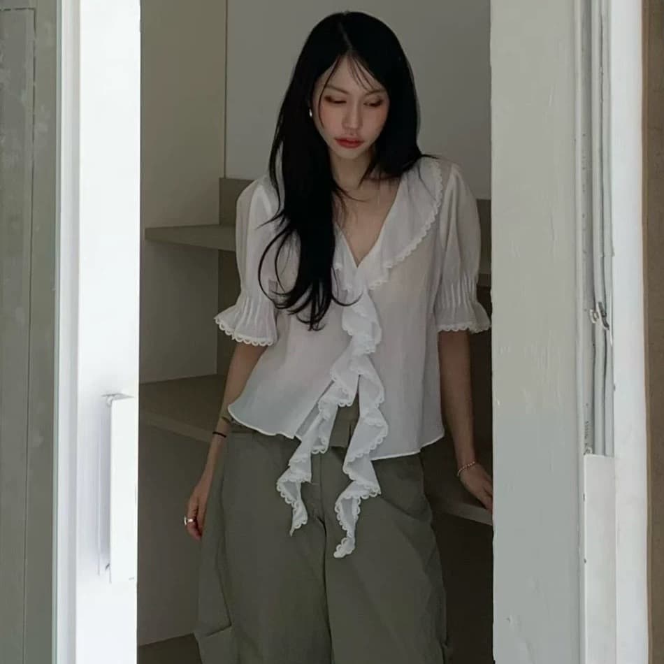 있음 창고 봄 여름 섹션 부드러운 다용도 폴로 칼라 프릴 셔츠 상세 이미지 8