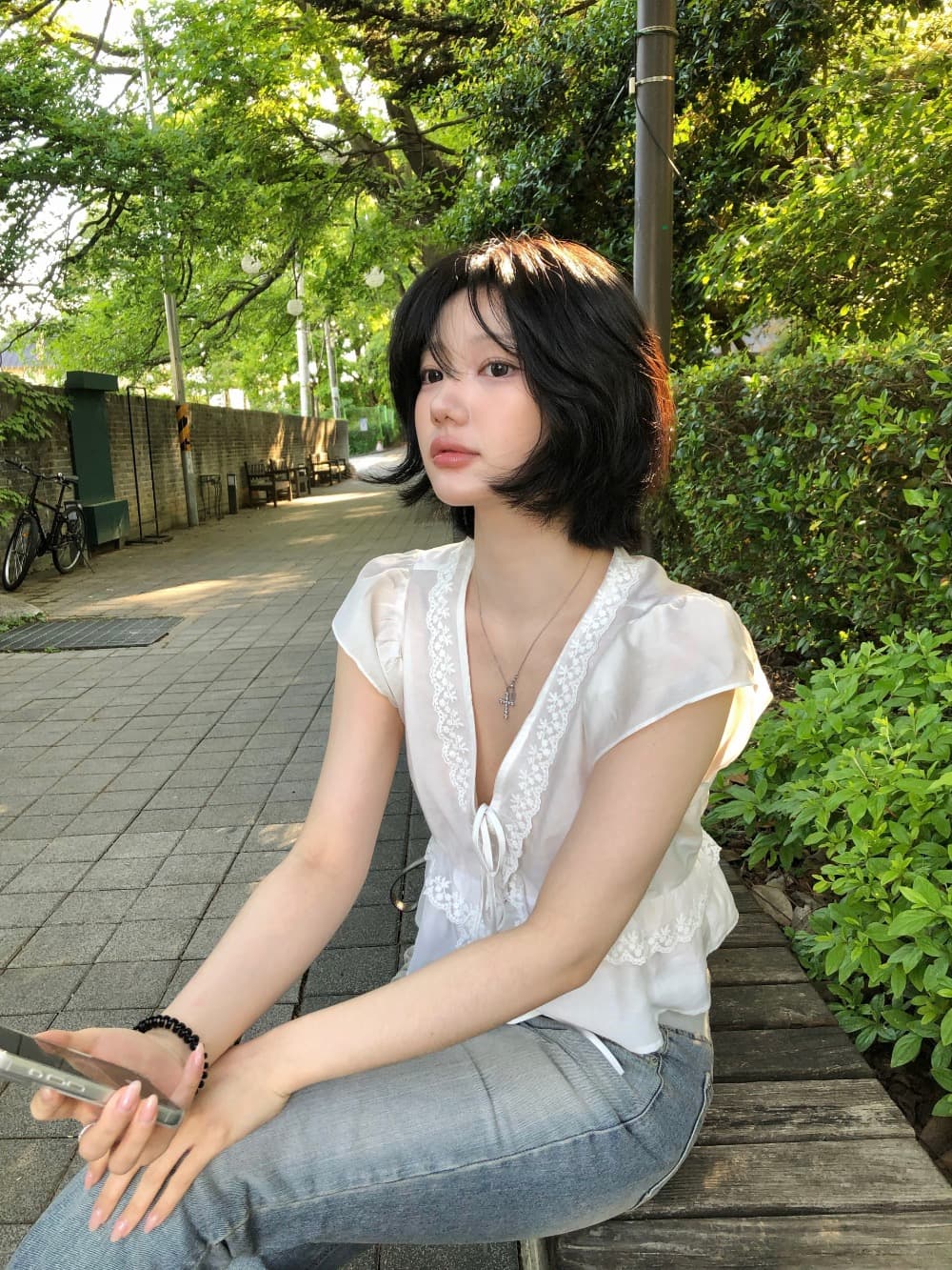 한국 스타일 프랑스식 달콤함 레이스 V넥 거품 소매 레이스업 V넥 프릴 반팔 셔츠 여성 상세 이미지 13