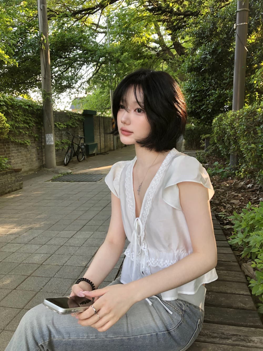 한국 스타일 프랑스식 달콤함 레이스 V넥 거품 소매 레이스업 V넥 프릴 반팔 셔츠 여성 상세 이미지 14