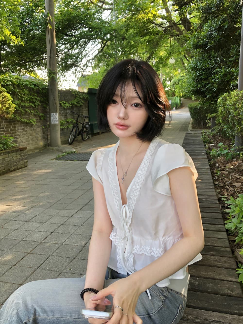 한국 스타일 프랑스식 달콤함 레이스 V넥 거품 소매 레이스업 V넥 프릴 반팔 셔츠 여성 상세 이미지 20