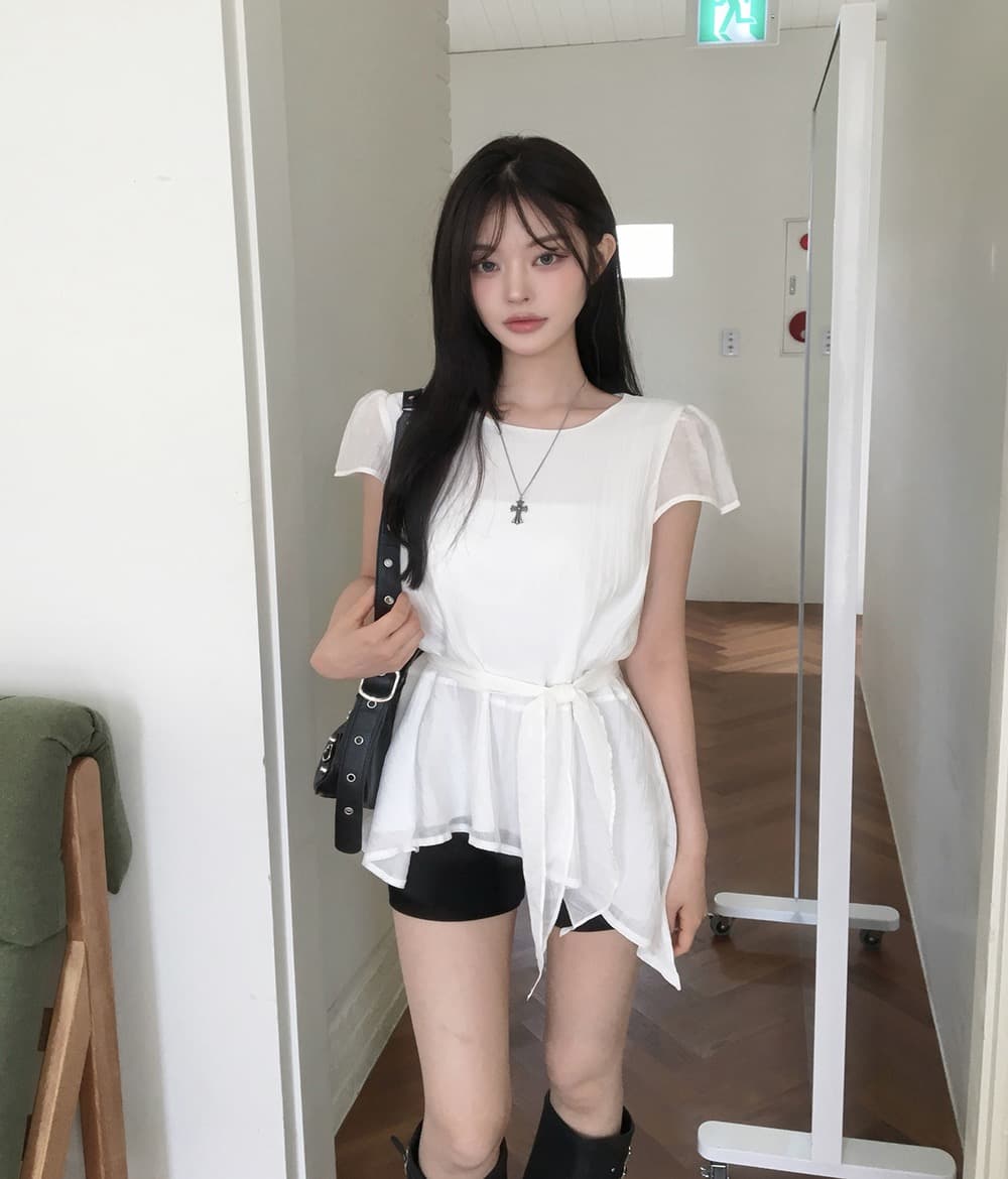 재고 있음 한국 chic 한국 스타일 불규칙 반팔 라운드 넥 셔츠