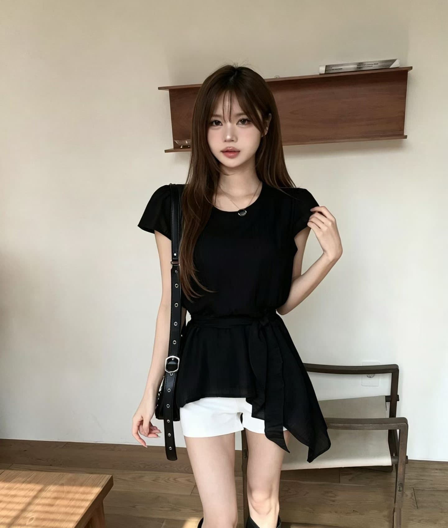 재고 있음 한국 chic 한국 스타일 불규칙 반팔 라운드 넥 셔츠 상세 이미지 5