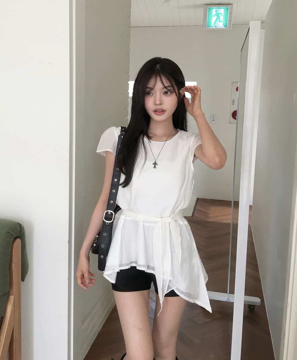 재고 있음 한국 chic 한국 스타일 불규칙 반팔 라운드 넥 셔츠 상세 이미지 8