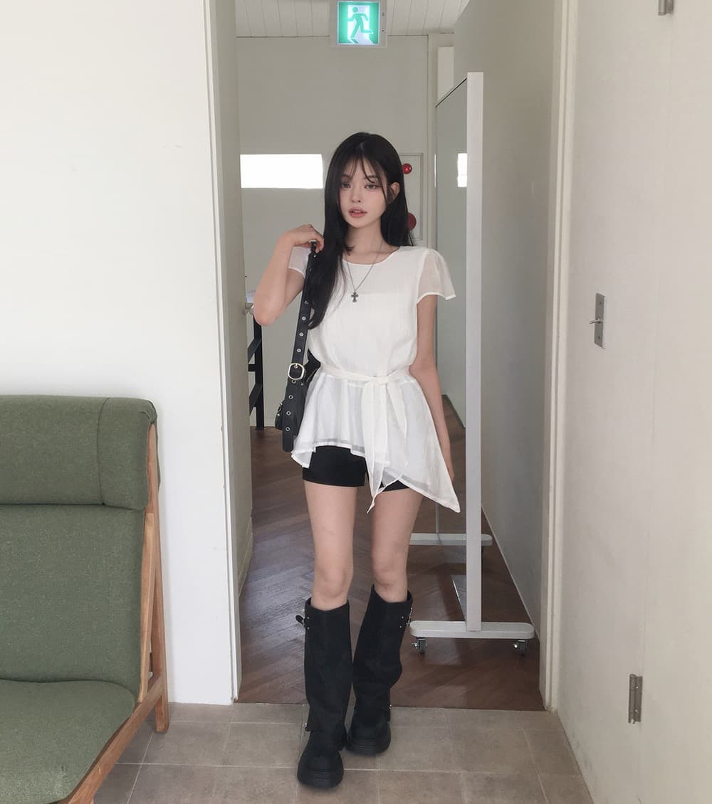 재고 있음 한국 chic 한국 스타일 불규칙 반팔 라운드 넥 셔츠 상세 이미지 10
