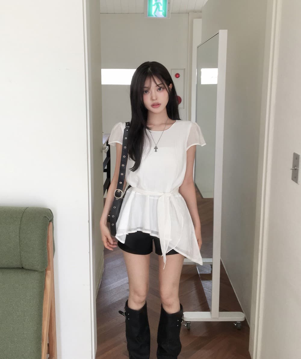 재고 있음 한국 chic 한국 스타일 불규칙 반팔 라운드 넥 셔츠 상세 이미지 11