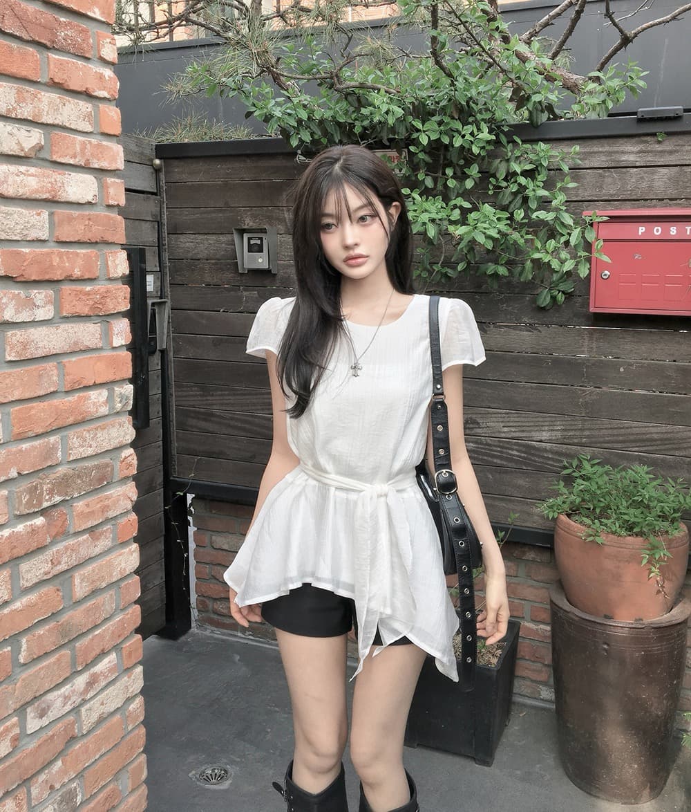 재고 있음 한국 chic 한국 스타일 불규칙 반팔 라운드 넥 셔츠 상세 이미지 13